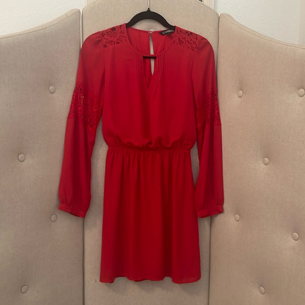 Express Red Long Sleeve Round Neck Elastic Waist Dress w Lace Details XS